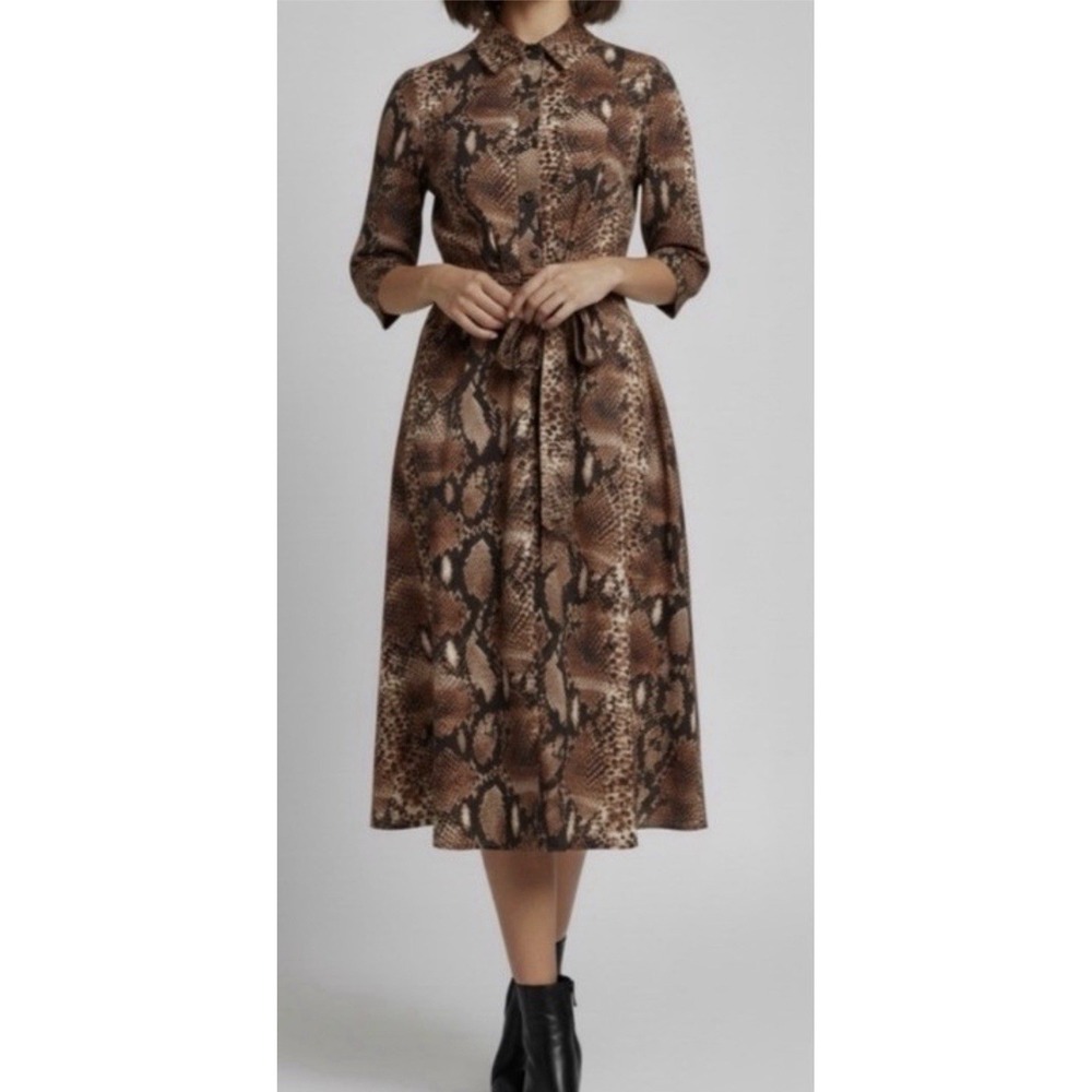 Caroline Constas Dress Brown Snake Print Shirt Midi Cotton Belted Size Medium